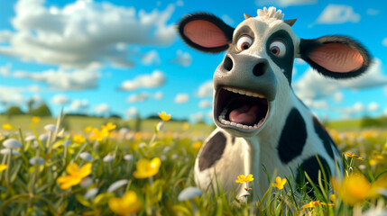 Funny surprised cow  in meadow