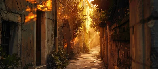 Foto op Plexiglas View of the sunset light from a quiet alley. © Vusal
