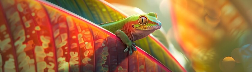 Madagascar Day Gecko on the leaf with natural background and warm sunlight - obrazy, fototapety, plakaty