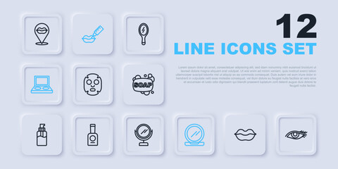 Set line Smiling lips, Woman eye, Facial cosmetic mask, Makeup powder with mirror, Eye shadow palette brush, Bottle of nail polish, Lip augmentation and Round makeup icon. Vector