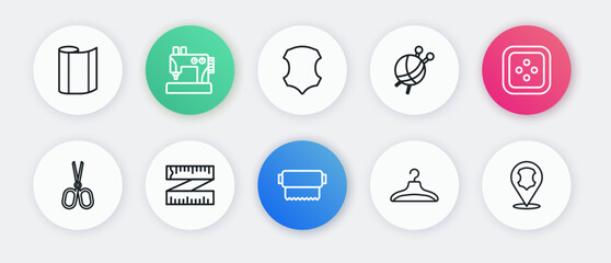 Set line Textile fabric roll, Sewing button for clothes, Scissors, Hanger wardrobe, Yarn ball with knitting needles, Leather, and Tape measure icon. Vector