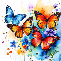 Fototapeta na wymiar Watercolor painting of beautiful colorful butterflies and flowers illustration 