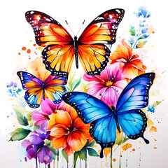  Watercolor painting of beautiful colorful butterflies and flowers illustration 