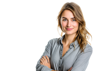 woman with folded arms and a warm smile, conveying authority with approachability.