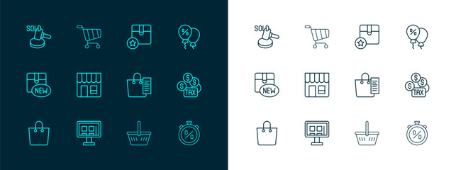 Set line Discount percent tag, Online shopping on screen, Shopping list, basket, Market store, Carton cardboard box, Auction hammer and cart icon. Vector
