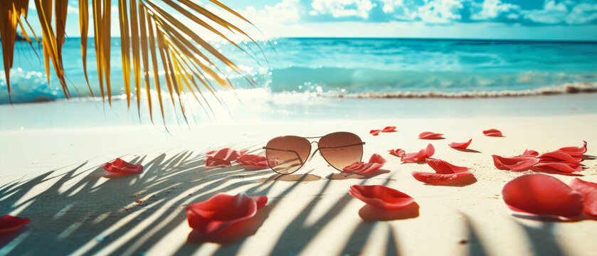 Maldives beach vacation. Flat lay composition with sunglasses under tropical palm. Ocean view. Beige sand texture. Palm shadow lights effect. Exotical lesure background. Generative ai