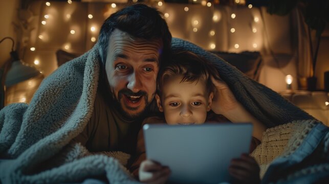 Father and son watching a movie on tablet under blanket at night.