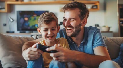 Father and son playing computer game together on the couch at living room.