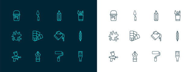 Set line Pencil case stationery, Fountain pen nib, Paint bucket, roller brush, Color palette guide, Marker, and Palette knife icon. Vector