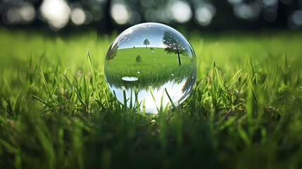 Macro of water droplets on grass dew in the morning after rain, ESG and climate change awareness
