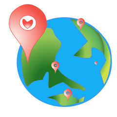 Obraz premium Vector illustration of earth with heart icon map point, marker location icon with heart on earth