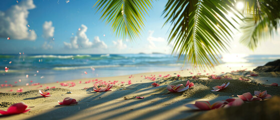 Maldives beach vacation. View on ocean. Exotical flowers, petals under tropical palm. Beige sand texture. Shadow lights effect. Mock up for wedding ceremony, relax, honeymoon. Generative ai