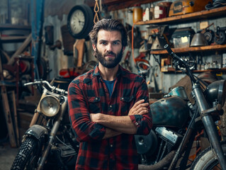 Suggestive portrait of a young handsome mechanic in a red-checked shirt standing in his vintage authentic bike shop among motorcycles.
