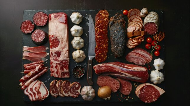 Assortment of various types of meat arranged on black surface with knife in middle