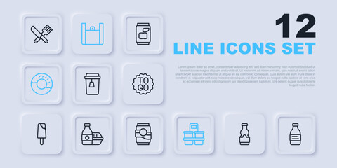 Set line Sauce bottle, Bottle of water, Cup tea, Coffee cup to go, Donut, Online ordering food, and Soda can icon. Vector