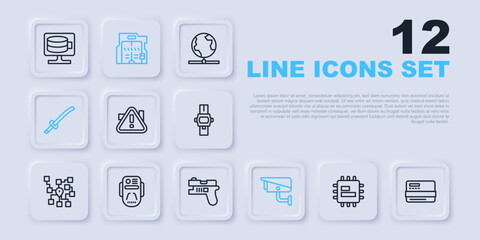 Set line Processor CPU, Credit card, Exclamation mark in triangle, Security camera, Katana, Artificial intelligence robot, Futuristic sliding doors and weapon icon. Vector
