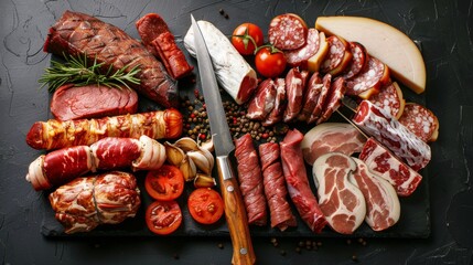 Assortment of various types of meat arranged on black surface with knife in middle - obrazy, fototapety, plakaty
