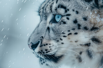 A captivating portrait of a snow leopard with piercing blue eyes during a gentle snowfall