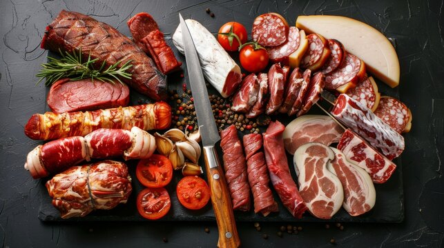 Assortment of various types of meat arranged on black surface with knife in middle