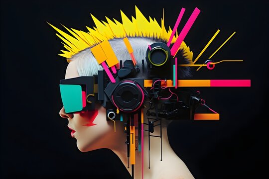 Spiky-Haired Woman in Cyberpunk Headphones and Origami-Inspired Goggles - A Vibrant Digital Art Fusion