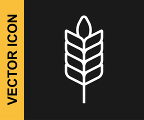 White line Cereals set with rice, wheat, corn, oats, rye, barley icon isolated on black background. Ears of wheat bread symbols. Vector