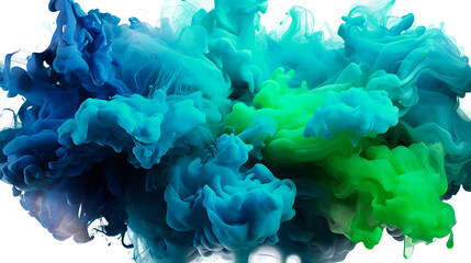 Cascades of cobalt and chartreuse smoke colliding in a dynamic explosion of color on a solid white backdrop