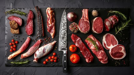 Assortment of various types of meat arranged on black surface with knife in middle - obrazy, fototapety, plakaty
