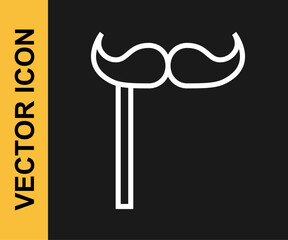 White line Paper mustache on stick icon isolated on black background. Concept with cardboard carnival mask. Mask for a photo shoot. Vector
