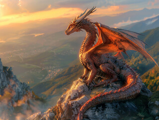 An imposing dragon perched on a mountaintop scales shimmering