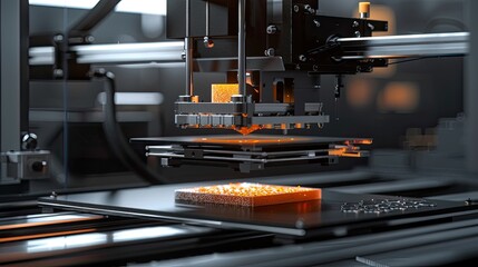 a 3D printer in action, showcasing the intricate details and technical engineering style characteristic of the process, the layers being built up and the precision of the printing mechanism.