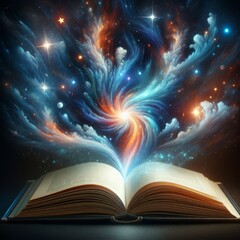 An open book unleashes a vibrant cosmic swirl, illustrating the explosion of knowledge. This visual metaphor celebrates the power and mystery of learning and the universe.