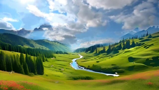Rolling meadows, lush forests, and majestic peaks under the summer sky. Seamless looping 4k timelapse virtual video animation background generated AI 