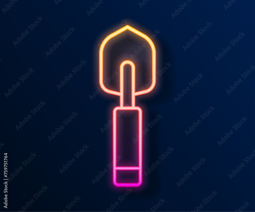 Sticker glowing neon line garden trowel spade or shovel icon isolated on black background. gardening tool. t