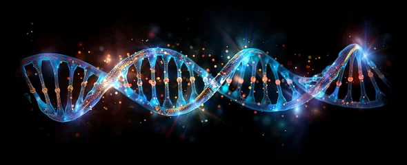 Fotobehang DNA sequence closeup isolated on black background as graphical element for genetic scientific experiment or mapping sequencing, relations ship DNA tests and chronic and cancer disease cure discovery © sizsus