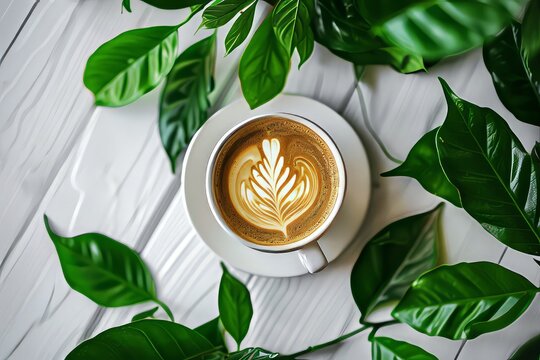 Eco-Friendly Coffee Moment: White Table with Latte Art and Surrounding Greenery
