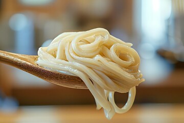 Glossy Udon Noodles Elegantly Resting on a Bamboo Spoon, Blurred Background