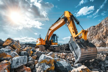 A large yellow excavator is digging into a pile of rocks - obrazy, fototapety, plakaty