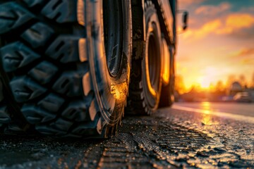 A close up of a tire with the sun setting in the background - Powered by Adobe