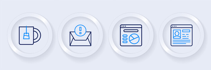 Set line Resume, Pie chart infographic, Envelope and Cup of tea icon. Vector