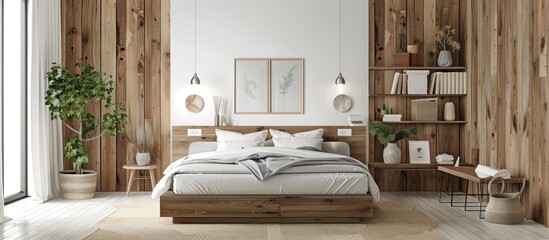 Side view of modern master bedroom with white and wooden walls, wooden floor, king size bed, bookcase and mock up poster.