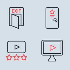 Set line Backstage, Rating movie, Online play video and Fire exit icon. Vector