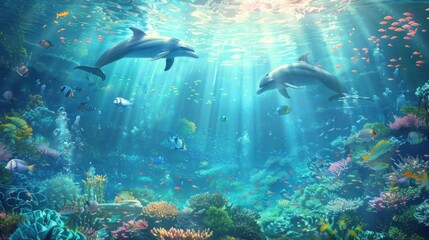 Abstract underwater world with futuristic glowing sea creatures surrounded by playful dolphins and colorful exotic fish