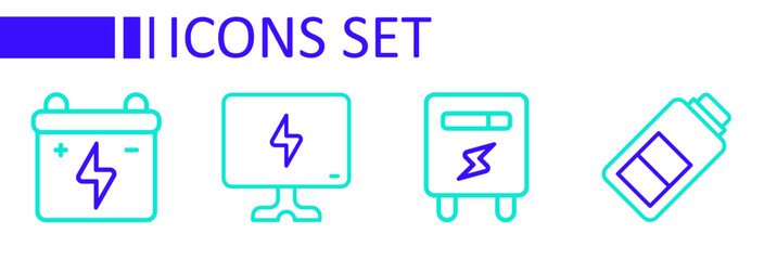 Set line Battery charge, Electric meter, Smart Tv and Car battery icon. Vector