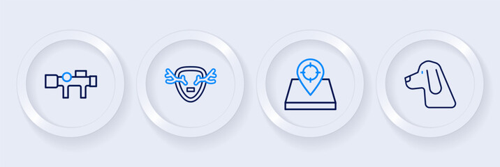 Set line Hunting dog, place, Deer antlers on shield and Sniper optical sight icon. Vector