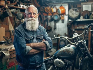 Fotobehang Suggestive portrait of a nostalgic white-haired mechanic dressed in denim standing in his vintage authentic bike shop among motorcycles. © Jumpystone