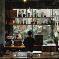 the concept of a man's business is his own coffee shop, a cozy cafe