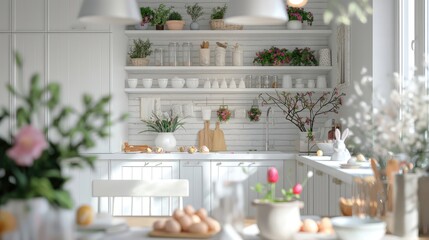 a white kitchen adorned with spring and Easter decor, the airy and bright ambiance with touches of pastel hues, floral motifs, and festive ornaments to create a cheerful atmosphere.