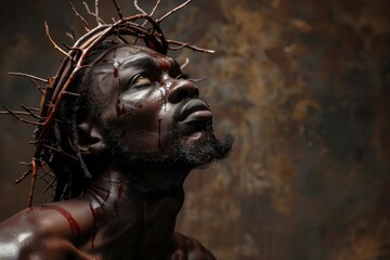 A man with a cross on his head and blood dripping from his face