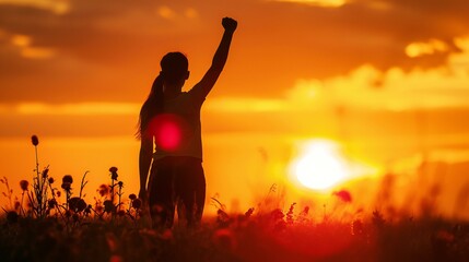 Exultant Person Raising Fist in Sunset Field