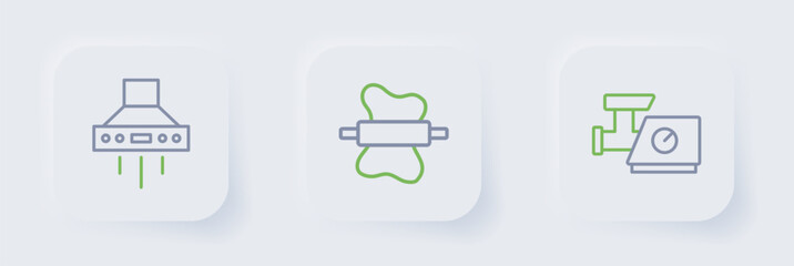 Set line Kitchen meat grinder, Rolling pin on dough and extractor fan icon. Vector